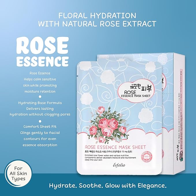 esfolio Rose Essence Sheet Mask – Hydrating & Nourishing Face Mask with Rose Extract, Moisturizing Korean Skincare, Soothing Facial Mask for All Skin Types (Pack of 10)