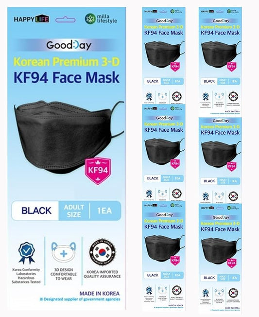 [Happy Life] プレミアム 3D ブラック KF94 マスク、グッドデイ、韓国製個別包装 (6個)