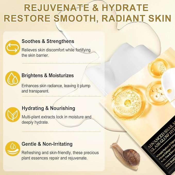 Snail Mucin Glass Glow Hydrogel Mask、コラーゲンフェイスマスク スキンケア、コラーゲンナイトラッピングマスク、韓国フェイスマスク スキンケア (8枚)