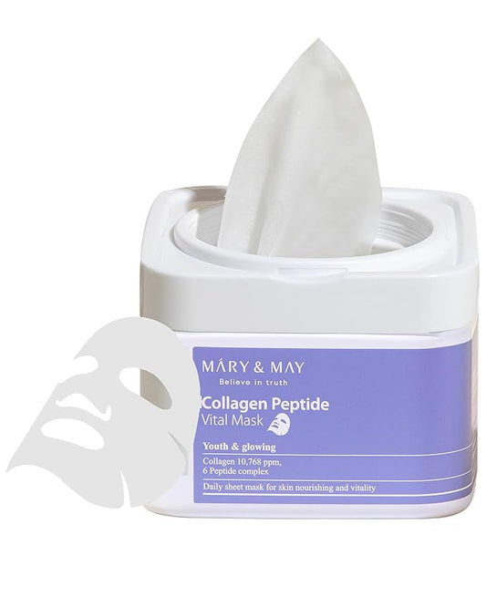 Mary&May コラーゲンペプチドバイタルマスク (30枚) – 加水分解コラーゲンと6種類のペプチド配合、引き出し型ケース、ハリと小じわのケア、成熟肌用韓国製保湿シートマスク