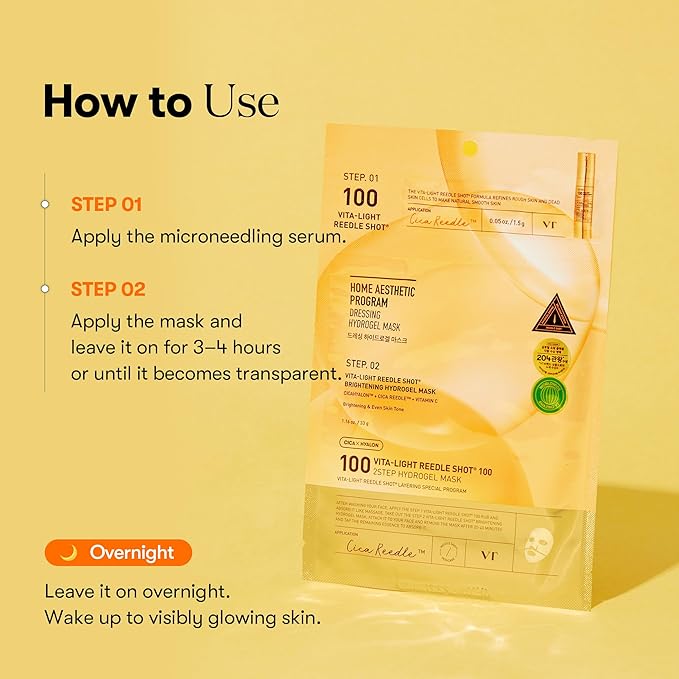VT COSMETICS Vita-Light Reedle Shot 100 2-Step Hydrogel Mask(34.5gx4ea), Intensive Glowing, Exosome Glutathione Face Mask, Overnight Melting Mask, Korean Facial Mask