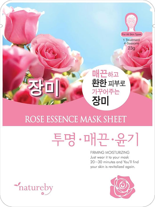 TNB Natureby コラーゲンエッセンス 韓国フェイスマスク (10枚)、保湿マスクシートパック、全肌質対応韓国スキンケア。(ローズ)