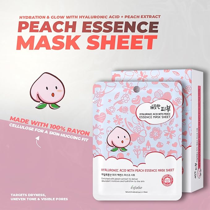 esfolio Pure Skin Hyaluronic Acid with Peach Essence Face Mask Sheet - Hydrating Korean Face Mask for Dark Spots, Pore Care, Oil Control and Improves Skin with Moisturizing and Soothing (Pack of 10)
