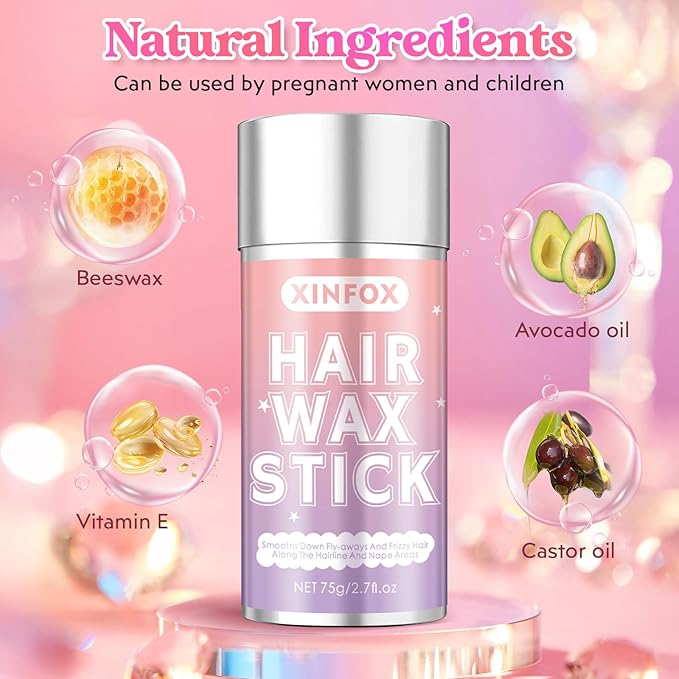 ヘアワックススティック、スリックバックヘアブラシ、アホ毛用ワックススティック、ラットテールコームエッジブラシ、スタイリングツールセットアクセサリー 女性向け(ピンク)