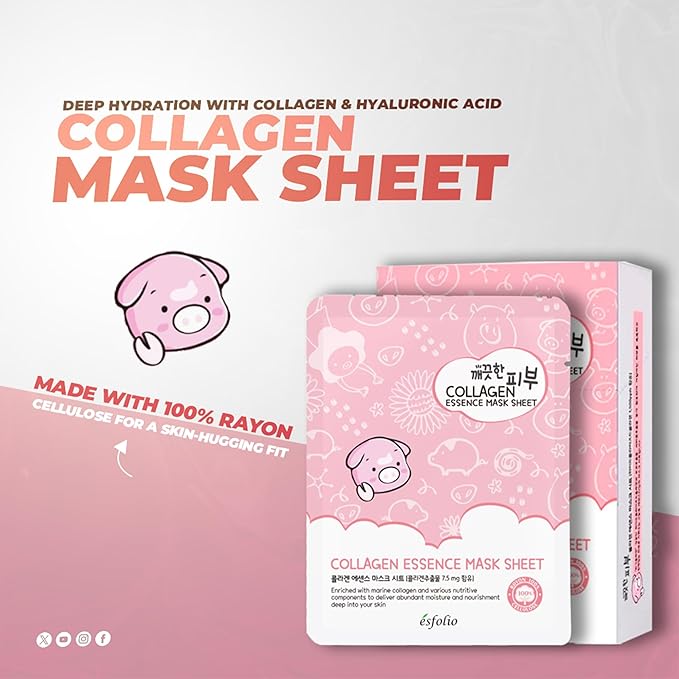 esfolio Collagen Essence Sheet Mask – Hydrating & Firming Face Mask for Glowing Skin – Anti-Aging Korean Skincare with Hydrolyzed Collagen & Hyaluronic Acid – Moisturizing Facial Mask (Pack of 10)