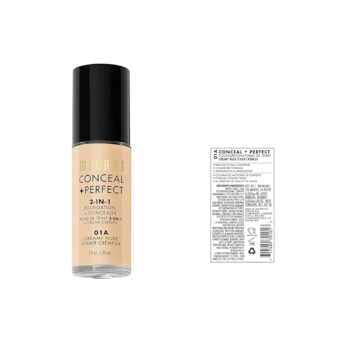 Milani Conceal + Perfect 2-in-1 Foundation + Concealer for a Flawless Complexion, Under Eye Corrector, Cover Redness and Imperfections, Waterproof and Sweatproof - 01A-Creamy Nude