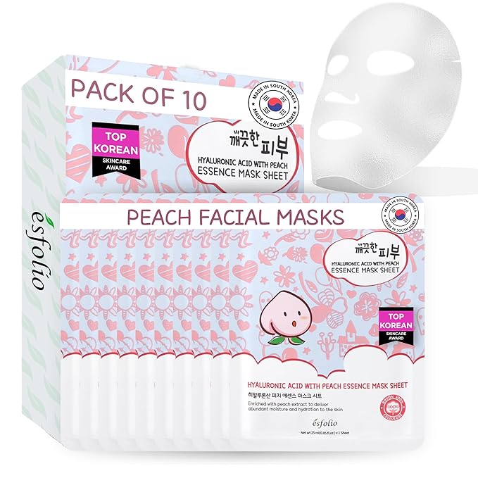 esfolio Pure Skin Hyaluronic Acid with Peach Essence Face Mask Sheet - Hydrating Korean Face Mask for Dark Spots, Pore Care, Oil Control and Improves Skin with Moisturizing and Soothing (Pack of 10)