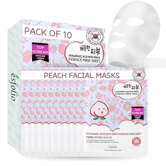 esfolio Pure Skin Hyaluronic Acid with Peach Essence Face Mask Sheet - Hydrating Korean Face Mask for Dark Spots, Pore Care, Oil Control and Improves Skin with Moisturizing and Soothing (Pack of 10)