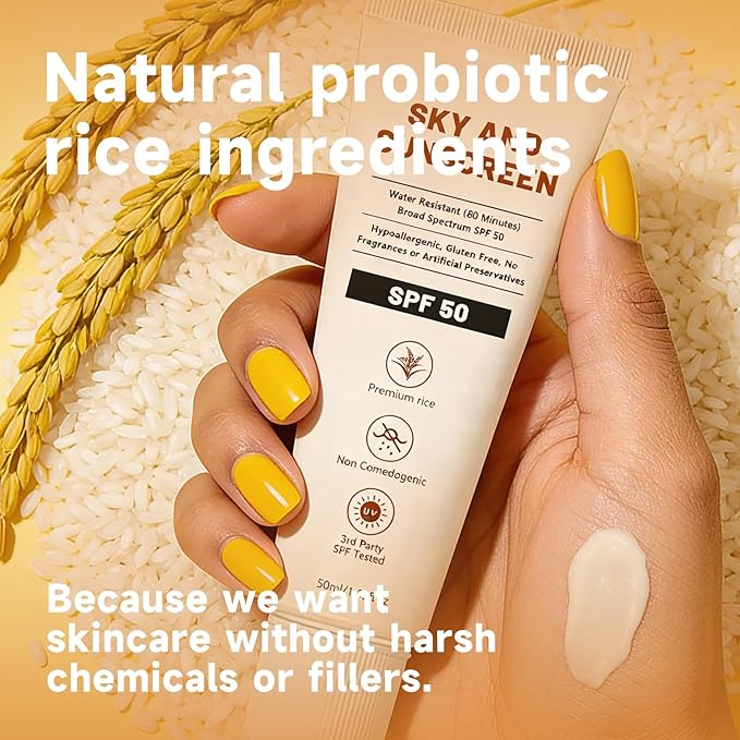 SKY AND SUNSCRN SPF 50+ with Rice Probiotics, Korean Skincare, Lightweight Non-Greasy Formula for All Skin Types, Nourishing UV Protection, 50ml (1PC)