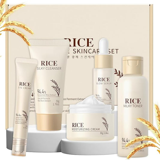 LAIKOU Skin Care Set, Korean Skin Care with Rice Cleanser, Toner, Serum, Eye Serum, Moisturizing Cream 5pcs for Women Teen Girls Mom Daughter Mother's Day Birthday Christmas Lover Korean Beauty