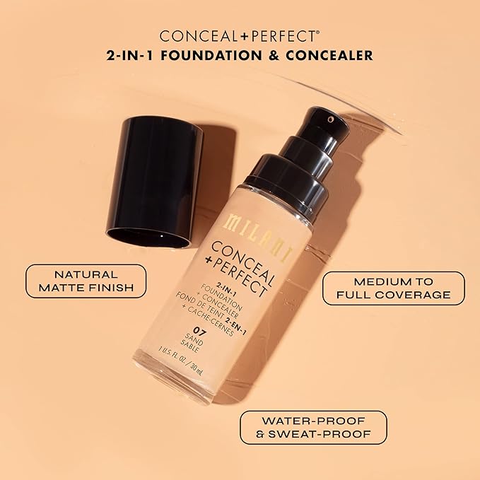 Milani Conceal + Perfect 2-in1 ファンデーション + コンシーラー、完璧な肌へ導く、目の下のクマ隠し、赤みや肌悩みをカバー、ウォータープルーフ、スウェットプルーフ - 14-ゴールデントフィー