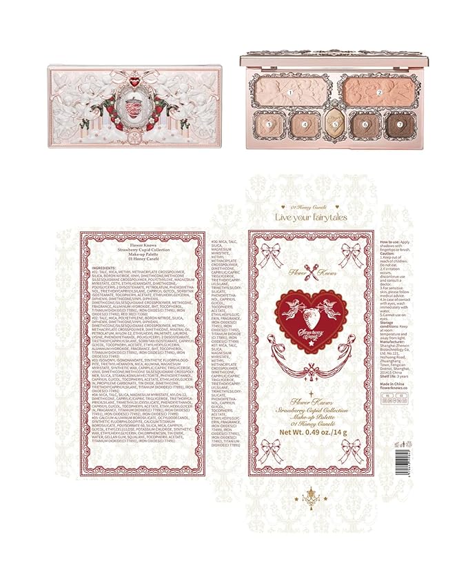 Flower Knows Strawberry Cupid Makeup Palette,Neutral Face Makeup with 5 Matte + 2 Shimmer Shades,Blendable Smooth Cute All- In-One Make Up Palette,0.49 Oz(01 Honey Canele)