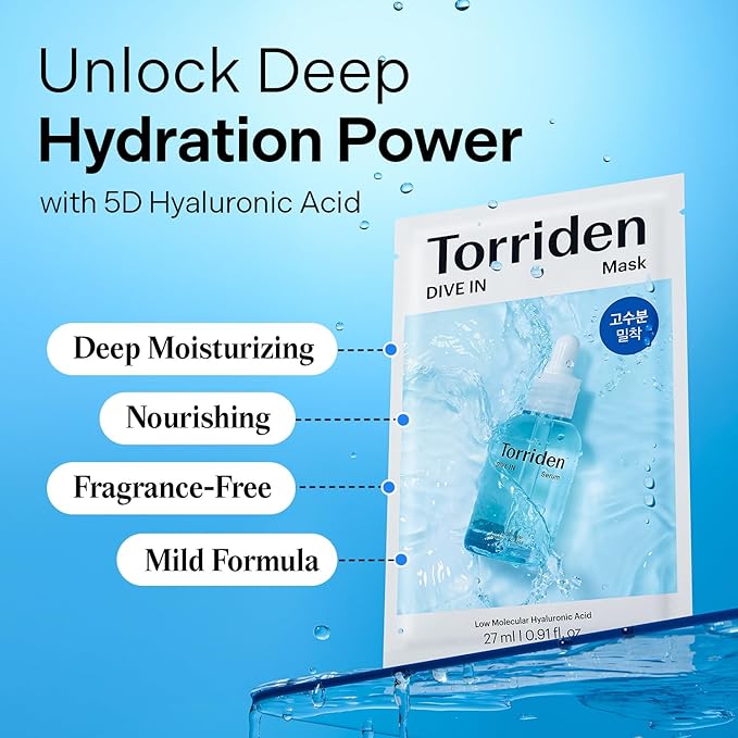 Torriden DIVE IN Hyaluronic Acid Facial Mask (10 sheets) | Deep Hydration Korean Face Sheet Mask | Panthenol & Allantoin | Korean Skincare Mask