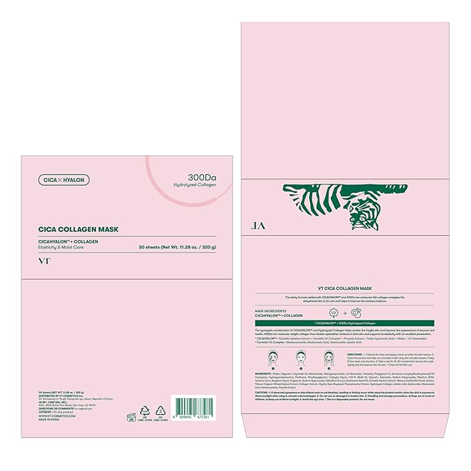 VT COSMETICS CICA Pink Daily Mask 30 Sheets, 300Da Low Molecular Collagen for Skin Elasticity, Hydrating & Firming, Pink Collagen Essence, Korean Face Mask