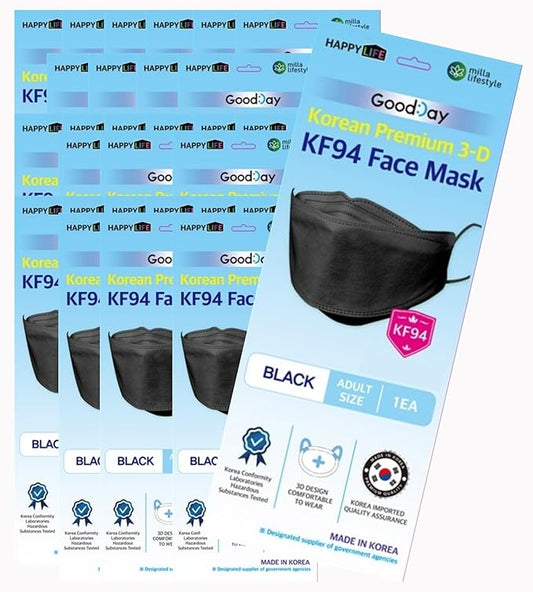 (30PCS) Good Day KF94 Black Face Masks, 4-Layer Filters Breathable Comfortable Nose, Made in Korea.