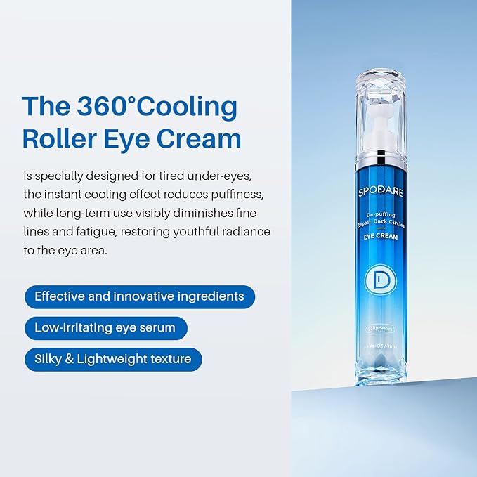 SPODARE Caffeine Eye Cream, Under Eye Cream for Dark Circles, Puffiness & Puffy Bags, Wrinkles Fine Lines, Eye Roller Serum with 360° Massage Ball for Women and Men - 0.7 fl. oz
