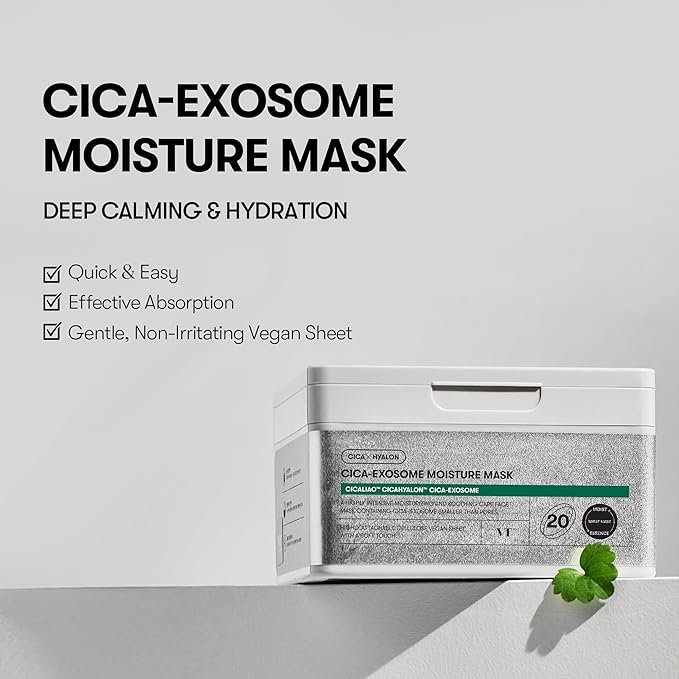 VT COSMETICS Cica-Exosome Moisture Mask 20 Sheets, Centella Asiatica & Hyaluronic Acid with Exosomes for Deep Hydration & Calming, Biodegradable Vegan Sheets, Korean Face Mask