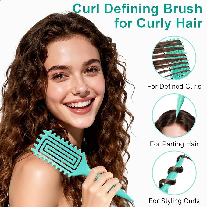 Curly Hair Brush, Curl Defining Brush with Soft Boar Bristles Detangling Tangled Glides, Wide-Teeth Design Effortlessly Shaping & Defining Curls, Curling Definer for Wet & Dry Hair (Green)