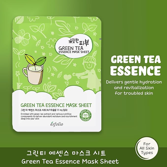 Esfolio Green Tea Essence Face Mask – Hydrating, Soothing, Antioxidant-Rich Sheet Mask for All Skin Types – Moisturizing, Revitalizing Face Treatment for Sensitive, and Blemish-Prone Skin (Pack of 10)