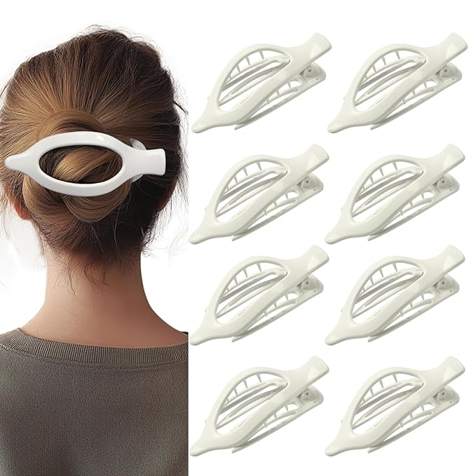 女性用グロッシーホワイトフラットヘアクリップ8個セット – 洗練された滑り止め爪クリップ、強力ホールド、ブライダル、オフィス、普段使いに最適なミニマリストヘアアクセサリー
