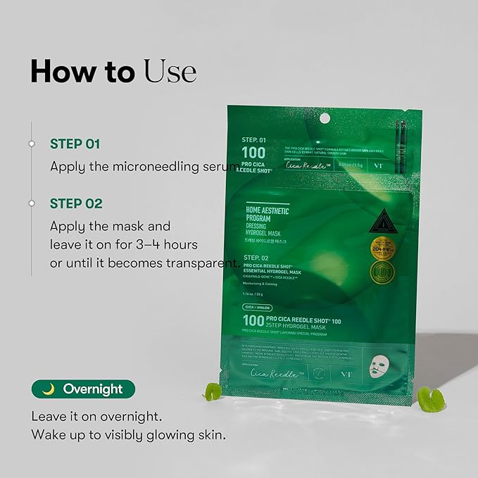 VT COSMETICS Pro Cica Reedle Shot 100 2-Step Hydrogel Mask(34.5gx4ea), Intensive Calming, Exosome Centella Asiatica, Blemish Relief, Overnight Melting Mask, Korean Facial Mask