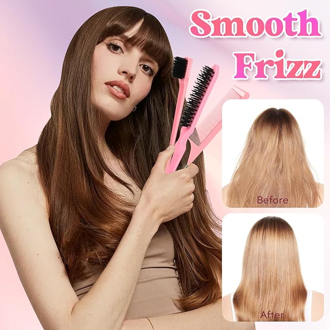 ヘアワックススティック、スリックバックヘアブラシ、アホ毛用ワックススティック、ラットテールコームエッジブラシ、スタイリングツールセットアクセサリー 女性向け(ピンク)