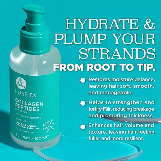Luseta Collagen Peptides Hair Oil Strenghten and Moisturize for Thin & Dry Hair, Promote Thickness,Reduce Breakage and Restore Damaged Hair 3.38oz