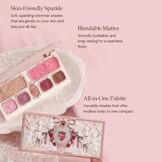 Flower Knows Strawberry Cupid Makeup Palette,Pink Face Makeup with 5 Matte + 2 Shimmer Shades,Blendable Smooth Cute All- In-One Make Up Palette,0.49 Oz(02 Cupid's Mischief)