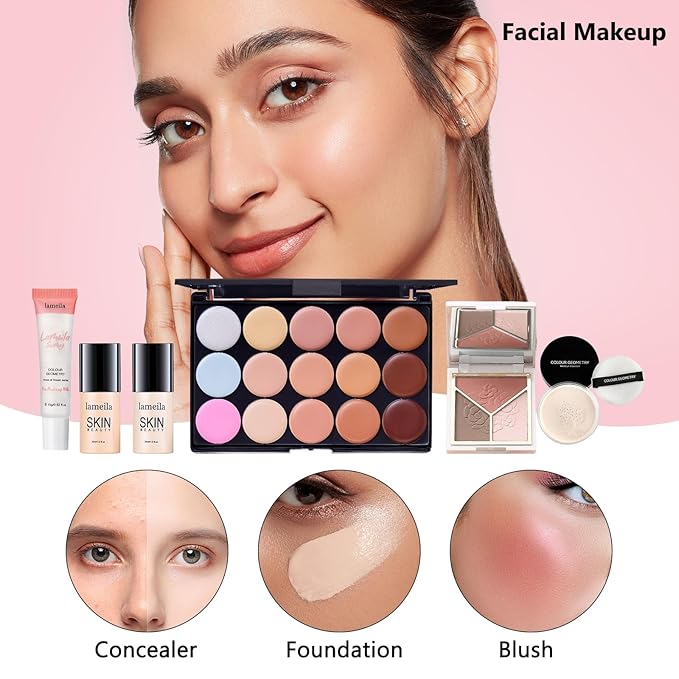 女性用オールインワンメイクアップキット フルセット、コスメギフトセット、ファンデーション、フェイスプライマー、アイシャドウ、コントゥールパレット、リップスティック、アイライナー、マスカラ、コスメブラシセットを含む必須メイクアップバンドル
