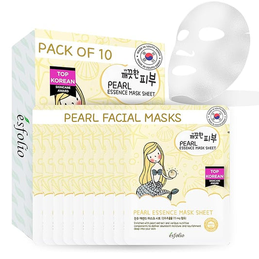 esfolio Pure Skin Mask Box – Pearl Essence Sheet Mask Set, Hydrating & Nourishing Korean Face Masks, Revitalizing Skincare for Soft, Smooth, and Radiant Skin (Pack of 10)