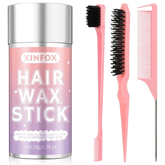 ヘアワックススティック、スリックバックヘアブラシ、アホ毛用ワックススティック、ラットテールコームエッジブラシ、スタイリングツールセットアクセサリー 女性向け(ピンク)