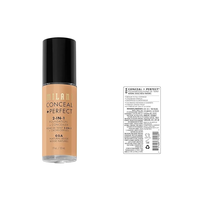 Milani コンシール + パーフェクト 2-in-1 ファンデーション + コンシーラー、完璧な肌へ、目の下のクマ隠し、赤みや肌の欠点をカバー、ウォータープルーフ＆スウェットプルーフ - 05A-ナチュラルベージュ