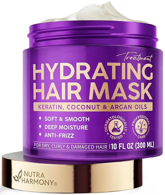 ハイドレイティングヘアマスク - 乾燥、縮れ、傷んだ髪用ディープコンディショニングトリートメント - ココナッツ＆アルガンオイル、コラーゲン＆小麦プロテイン配合ケラチンマスク - 髪をなめらかにし、柔らかく、縮れを抑える、カールセーフ、10oz