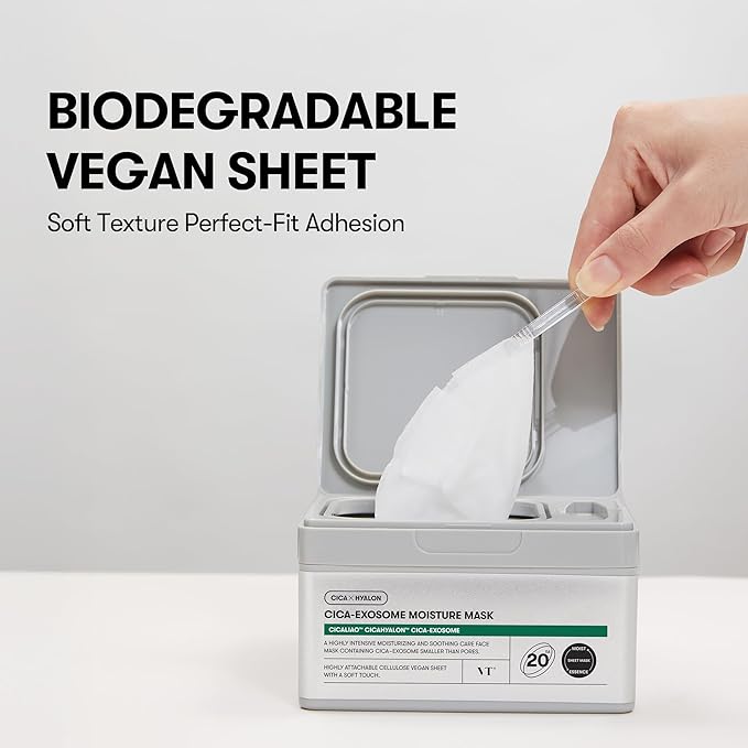 VT COSMETICS Cica-Exosome Moisture Mask 20 Sheets, Centella Asiatica & Hyaluronic Acid with Exosomes for Deep Hydration & Calming, Biodegradable Vegan Sheets, Korean Face Mask