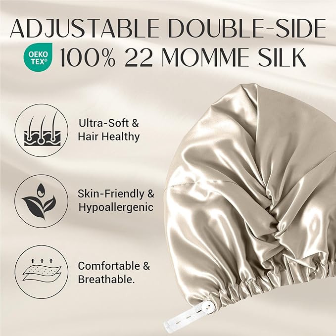 ZIMASILK 22匁 調節可能 100%桑シルクボンネット 就寝用 女性向け、抜け毛を減らすヘア保護用シルクヘアラップ (1個、トープ)