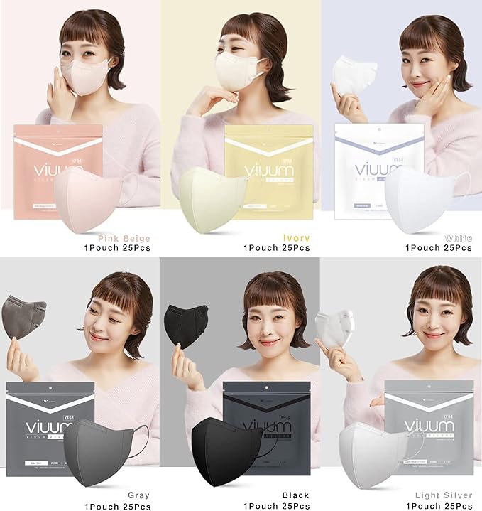 HOMSSEM [25枚入り] VIUUM デラックス 韓国フェイスカラーマスク – 大人用ソフトで丈夫な韓国製マスク – 2D 4層フィルター 6色 (ブラック-L)