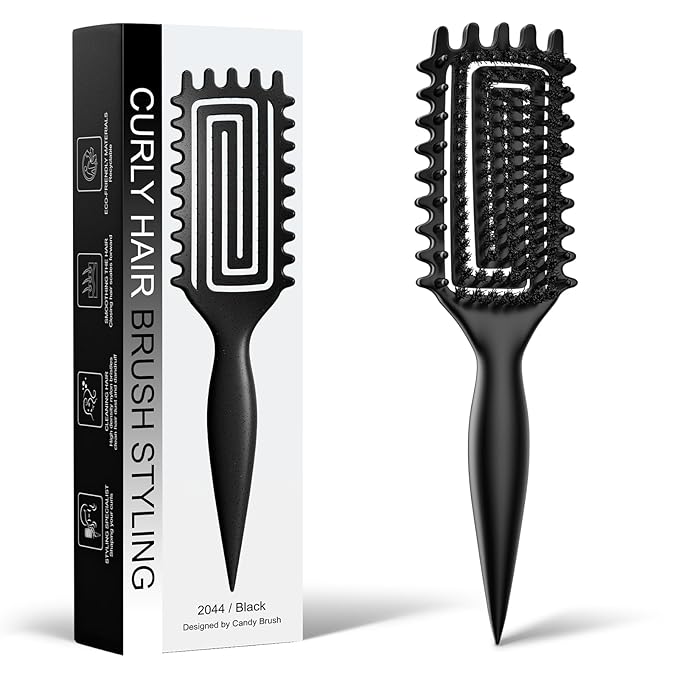 Curly Hair Brush, Curl Defining Brush with Soft Boar Bristles Detangling Tangled Glides, Wide-Teeth Design Effortlessly Shaping & Defining Curls (Black)