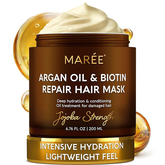 MAREE ディープコンディショニングヘアマスク (ダメージヘア用) – アルガンオイル＆ビオチン配合ホホバヘアトリートメント – 乾燥、くせ毛、縮れ毛、カラーリングした髪用ヘアリペアマスク – Mascarilla Para el Cabello Hidratante