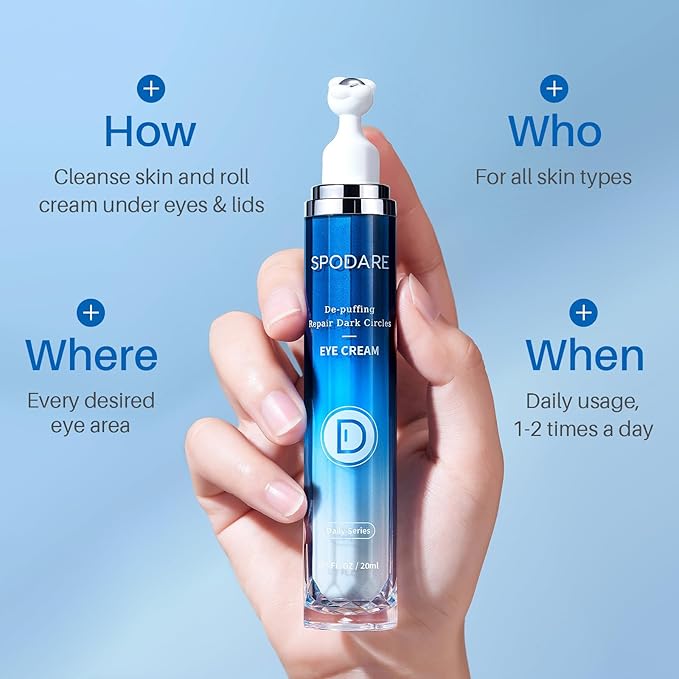 SPODARE Caffeine Eye Cream, Under Eye Cream for Dark Circles, Puffiness & Puffy Bags, Wrinkles Fine Lines, Eye Roller Serum with 360° Massage Ball for Women and Men - 0.7 fl. oz
