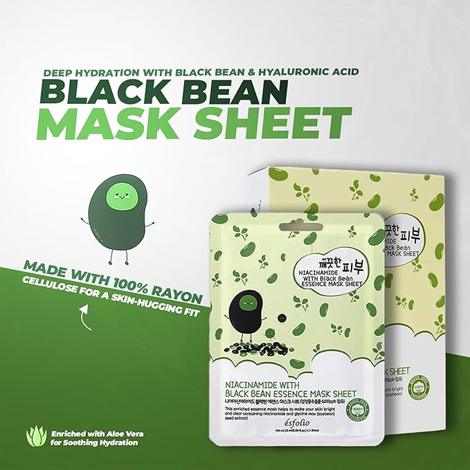 esfolio Niacinamide Black Bean Essence Mask Sheet – Hydrating Korean Face Mask for Dark Spots, Pore Care, Oil Control, Improves Skin – Moisturizing Skin (Pack of 10)