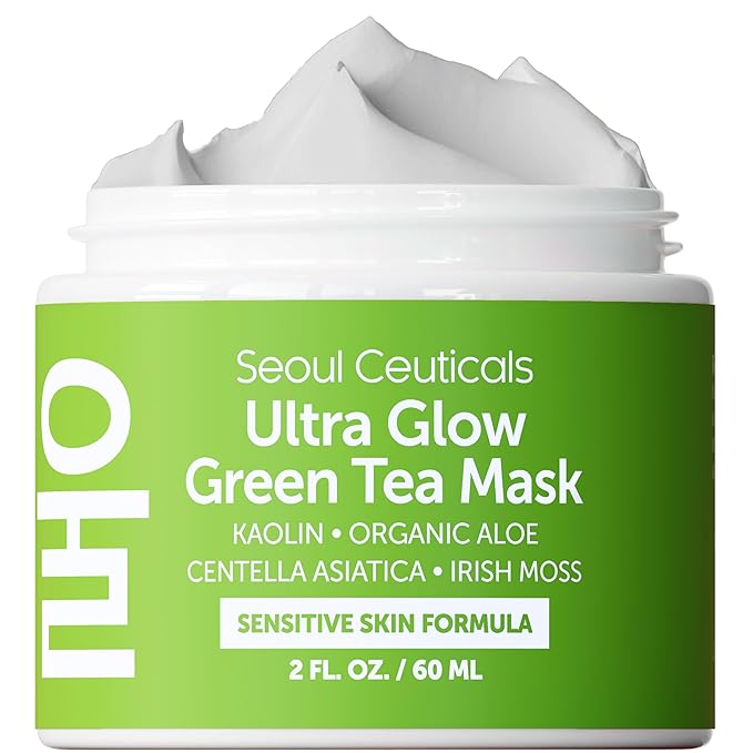 SeoulCeuticals Korean Skin Care Face Mask for Sensitive Skin - Korean Skincare Green Tea Wash Off Masks - K Beauty Face Masks - Aloe Vera Mask + Centella Asiatica Hydrating Facial Spa Mask 2oz