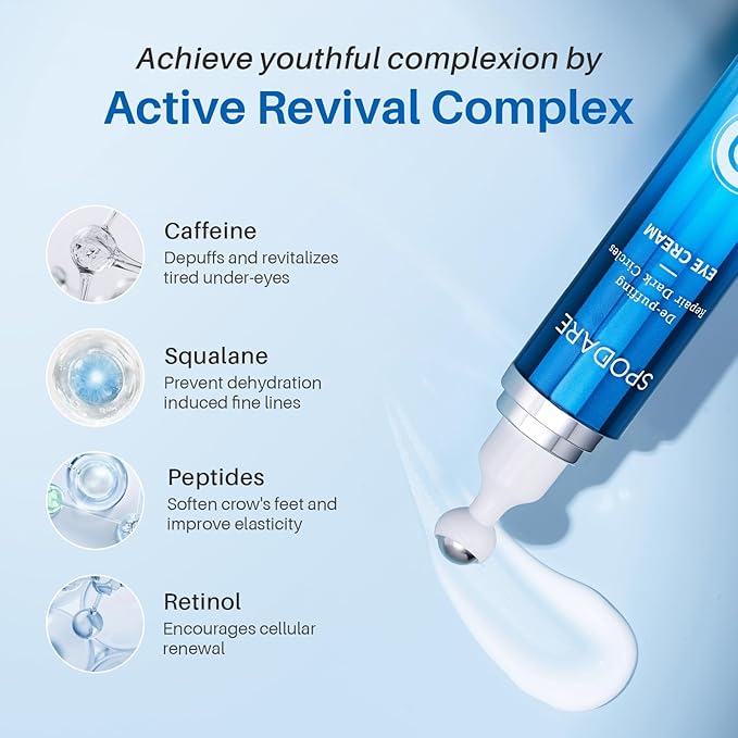 SPODARE Caffeine Eye Cream, Under Eye Cream for Dark Circles, Puffiness & Puffy Bags, Wrinkles Fine Lines, Eye Roller Serum with 360° Massage Ball for Women and Men - 0.7 fl. oz