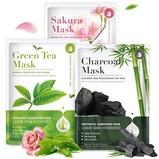 18 Pack Centella Asiatica Face Mask Set – Hydrating Face Masks with Green Tea, Sakura & Charcoal | Moisturizing Facial Masks for Women | Sensitive & All Skin Types