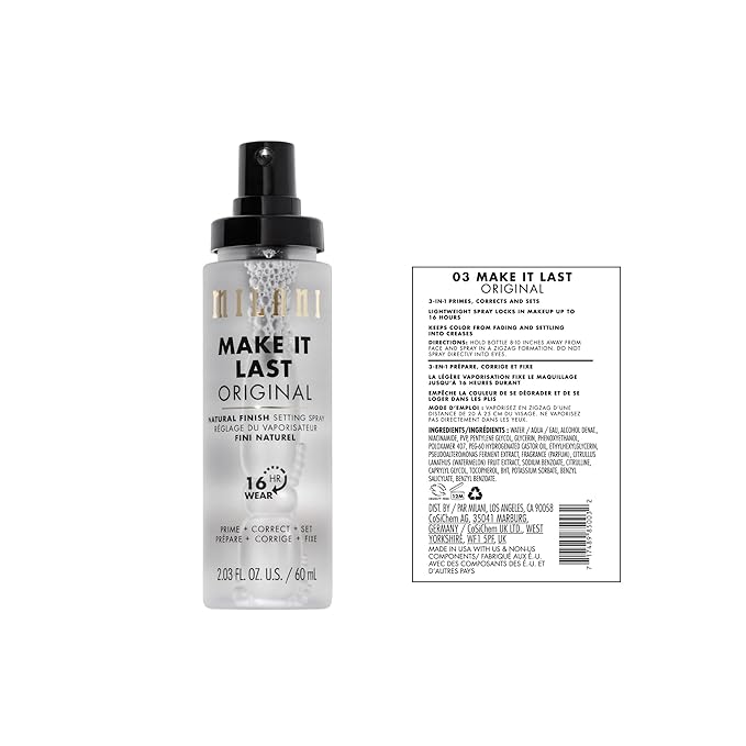 Milani Make It Last セッティングスプレー＋プライマー – オリジナル ナチュラルフィニッシュ、24時間持続 ロングラスティング メイクアップシーラー＆フィニッシングスプレー、クルエルティフリー ヴィーガンフェイスミスト、2.03液量オンス