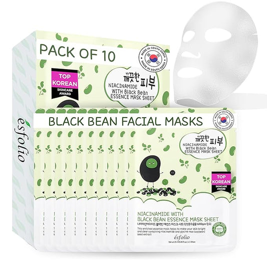 esfolio Niacinamide Black Bean Essence Mask Sheet – Hydrating Korean Face Mask for Dark Spots, Pore Care, Oil Control, Improves Skin – Moisturizing Skin (Pack of 10)