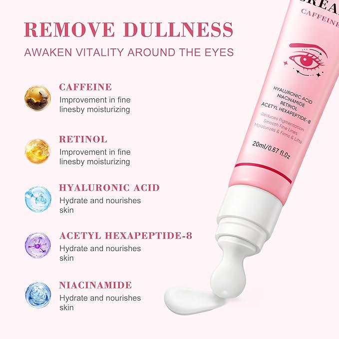 PUQIANA Eye Cream with Caffeine, Retinol & Acetyl Hexapeptide-8 - Anti-Aging, Hydrating, Lifting & Firming, Reduces Fine Lines & Wrinkles, Infused with Niacinamide & Hyaluronic Acid
