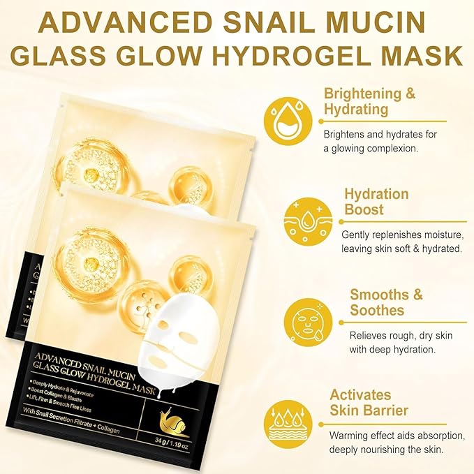 Snail Mucin Glass Glow Hydrogel Mask、コラーゲンフェイスマスク スキンケア、コラーゲンナイトラッピングマスク、韓国フェイスマスク スキンケア (8枚)