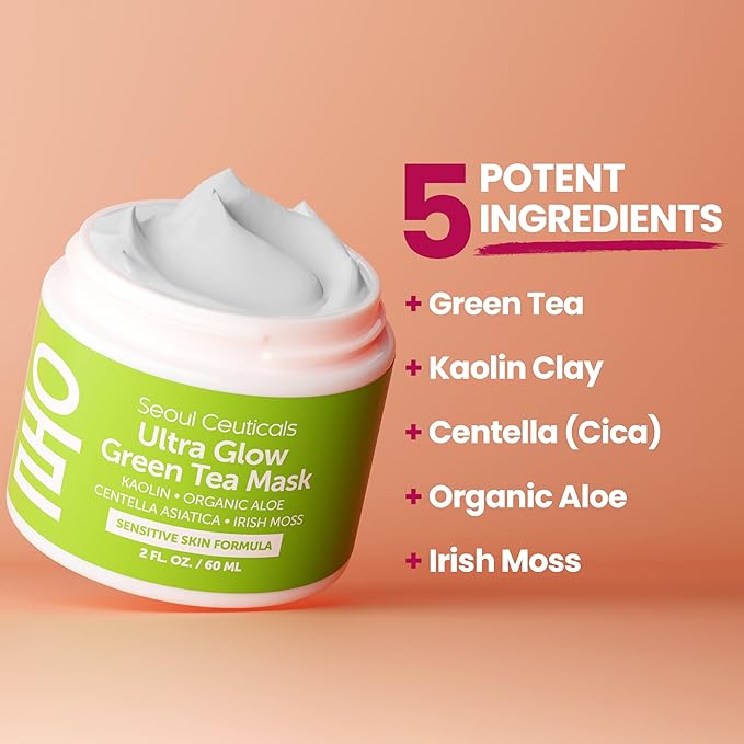 SeoulCeuticals Korean Skin Care Face Mask for Sensitive Skin - Korean Skincare Green Tea Wash Off Masks - K Beauty Face Masks - Aloe Vera Mask + Centella Asiatica Hydrating Facial Spa Mask 2oz