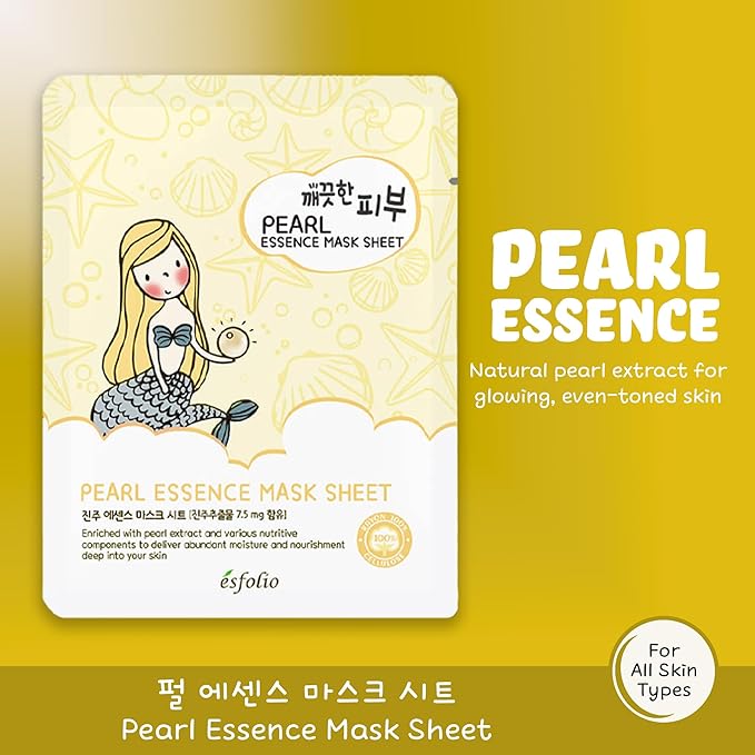 esfolio ピュアスキンマスクボックス – パールエッセンスシートマスクセット、潤いと栄養を与える韓国フェイスマスク、柔らかく滑らかで輝く肌のためのリバイタライジングスキンケア（10枚入り）