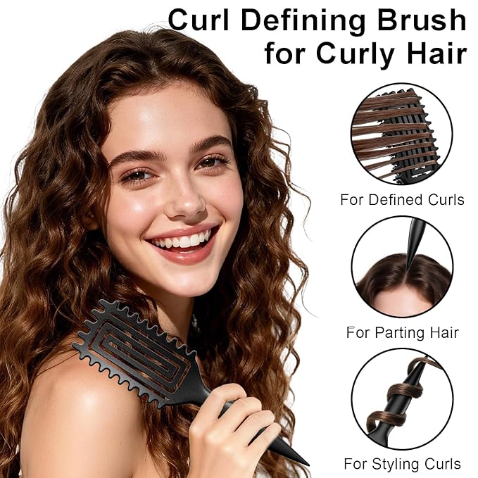 Curly Hair Brush, Curl Defining Brush with Soft Boar Bristles Detangling Tangled Glides, Wide-Teeth Design Effortlessly Shaping & Defining Curls (Black)